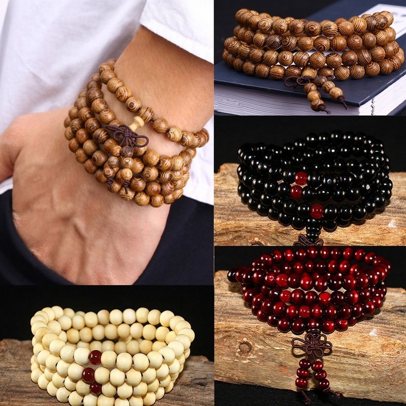 

1pc 108 Beads 8mm/0.31'' Natural Sandalwood Buddhist Buddha Wood Prayer Beaded Knot Black Ebony Bracelets Bangles For Men Wooden Jewelry