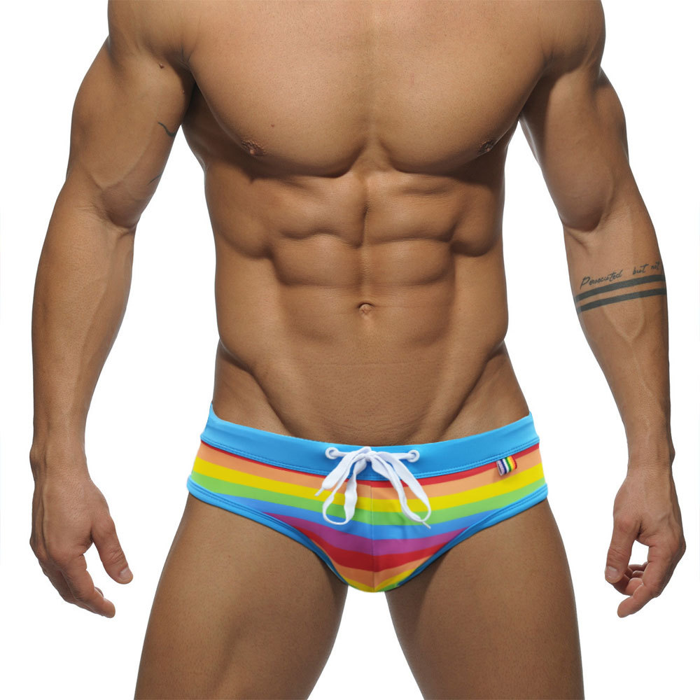Men's Sexy Low Rainbow Striped Swim Briefs Drawstring - Temu
