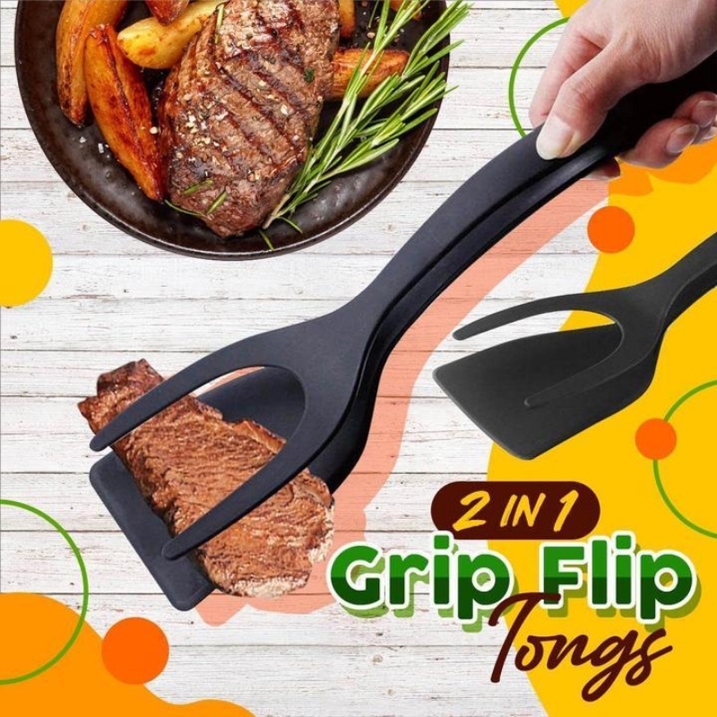 2-in-1 Spatula Tongs Non-stick Heat Resistant Kitchen BBQ Silicone Cooking  TooLN