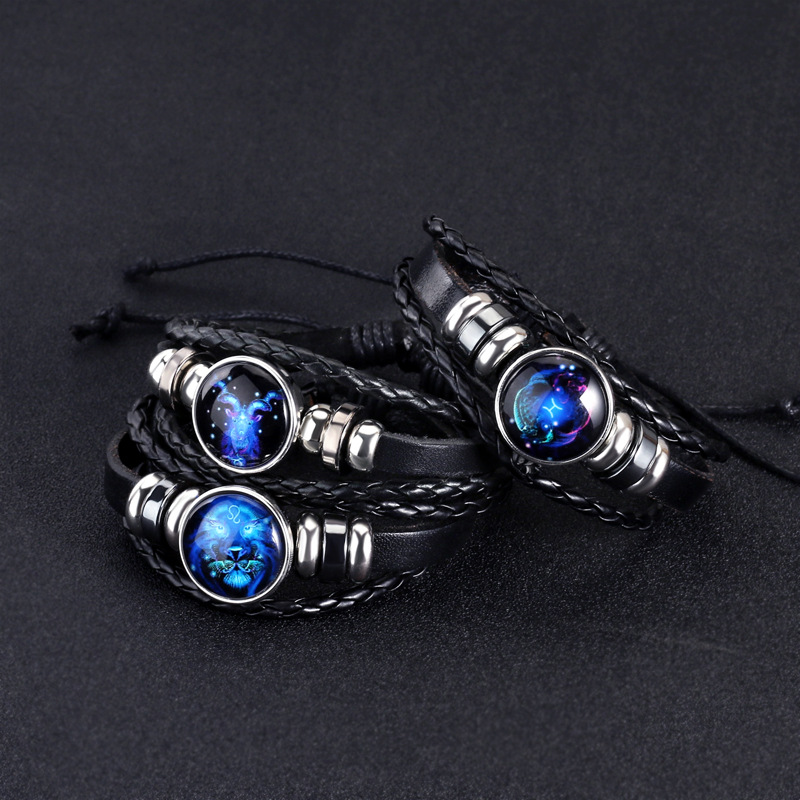 12 Constellation Leather String Bracelet Couple Jewelry