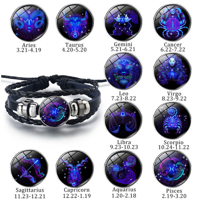 12 Constellation Leather String Bracelet Couple Jewelry