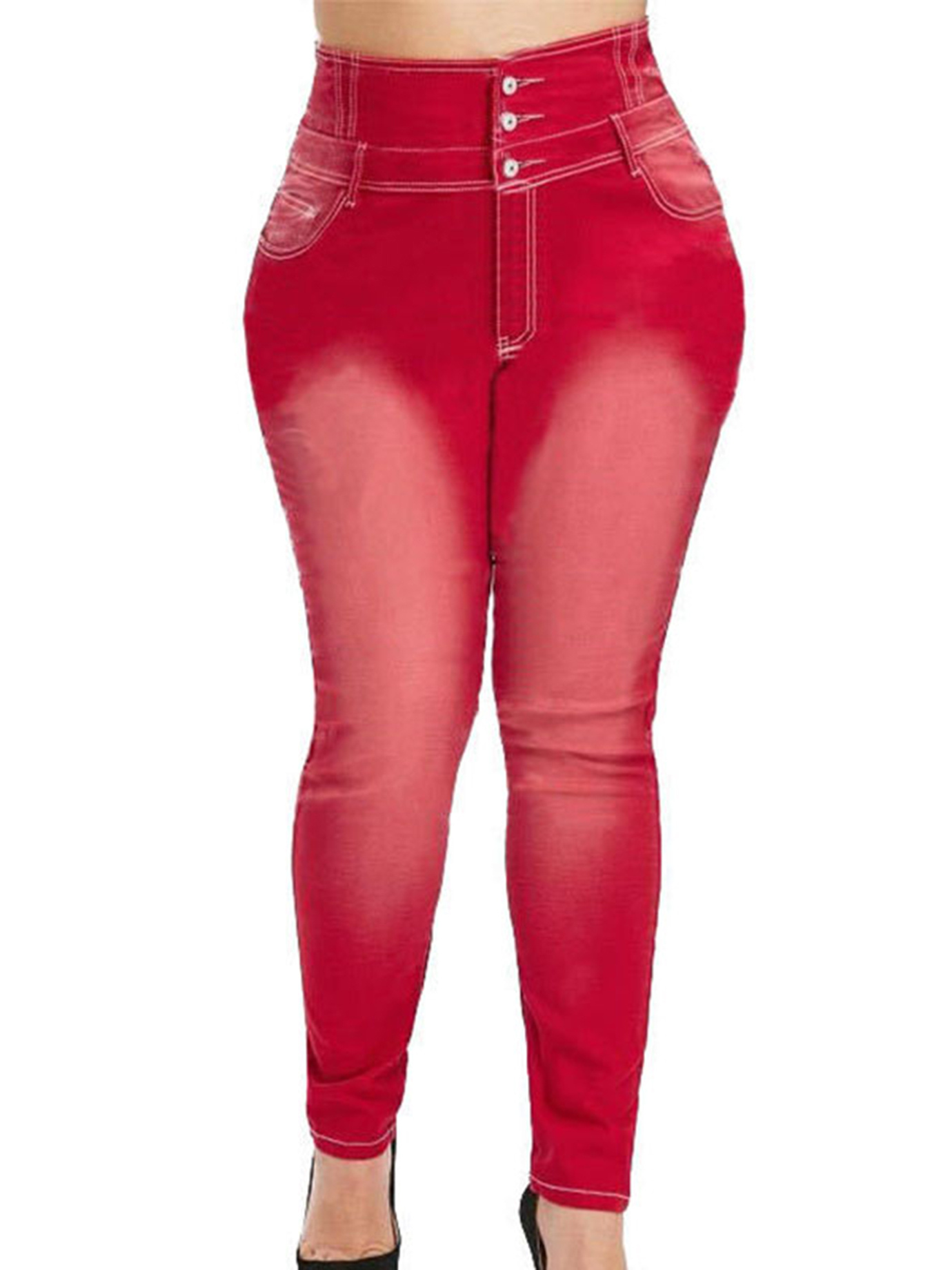 High Rise Button Fly Skinny Jeans Women's Plus Medium Stretch