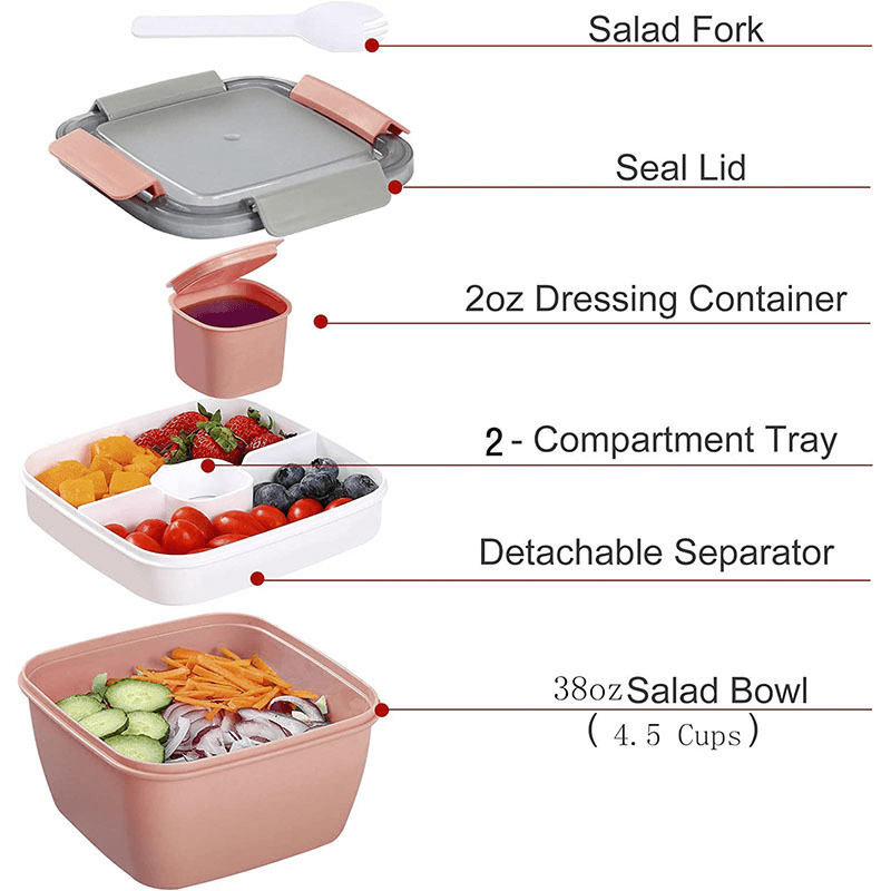 Bentgo Salad - Stackable Lunch Container with Large 54-oz Salad Bowl, 4-Compartment Bento-Style Tray for Toppings, 3-oz Sauce Container for