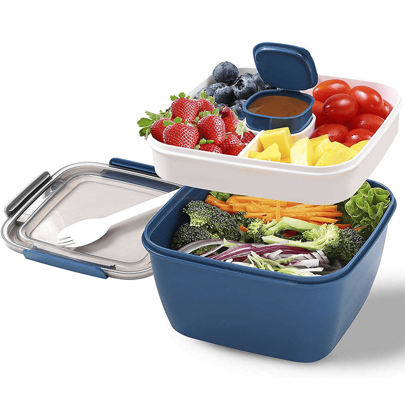 Stackable Lunch Container With Large Salad Bowl, 4-compartment Bento-style  Tray For Toppings, Sauce Container For Dressings, Built-in Reusable Fork &  Bpa-free (blush Marble) - Temu