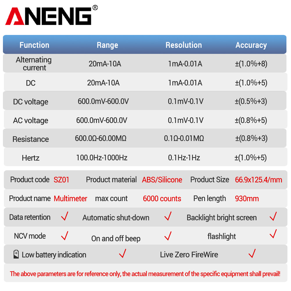 1pc aneng sz01 smart digital multimeter 6000 counts true rms auto electrical meter ncv resistance transistor hz testers details 3
