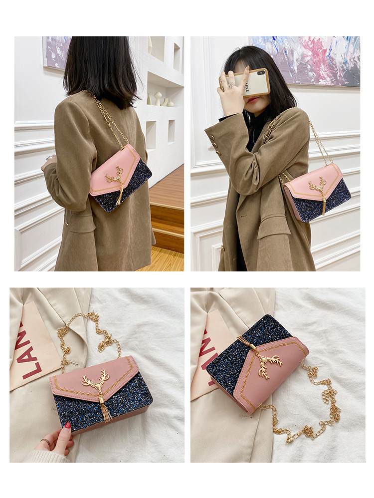 Tassel Decor Square Shoulder Bag, Bright Flap Handbag With Chain