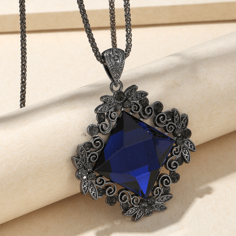 Retro Square Black Zircon Pendant Necklace Chain For Women