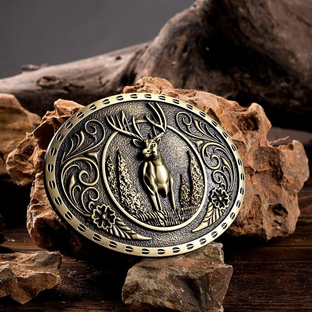 Men Antique BRONZE Metal Belt Buckle Deer Hunter Western USA Flag Background