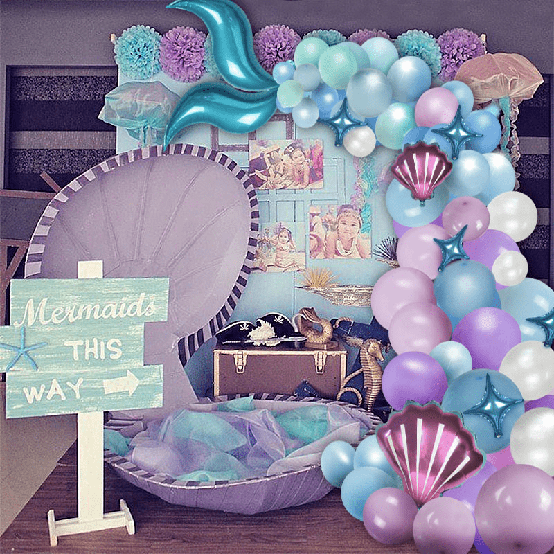 PARTY SPOT! 112 piezas de decoraciones de fiesta de sirena, guirnalda de  globos de sirena para niñas con tela de fondo, mantel de cola de sirena