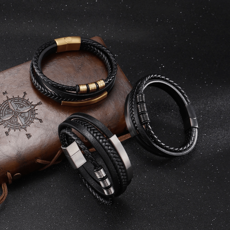 Vintage cowhide double bracelet - Black in 2023  Genuine leather bracelet,  Mens leather bracelet, Bracelets for men