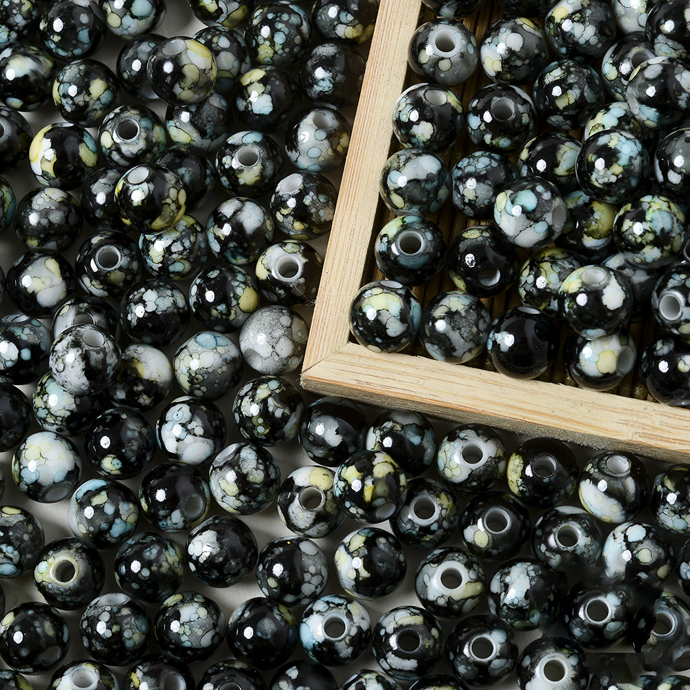 50pcs 8mm Round Black Spots Coated Opaque Glass Beads lot for Jewelry Making