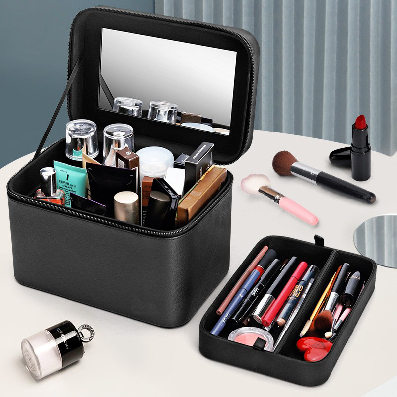 Large Professional Makeup Bag, Travel Cosmetic Train Case Makeup Brush  Organizer with Mirror, 3 Layers Makeup Artist Travel Organizer with  Adjustable