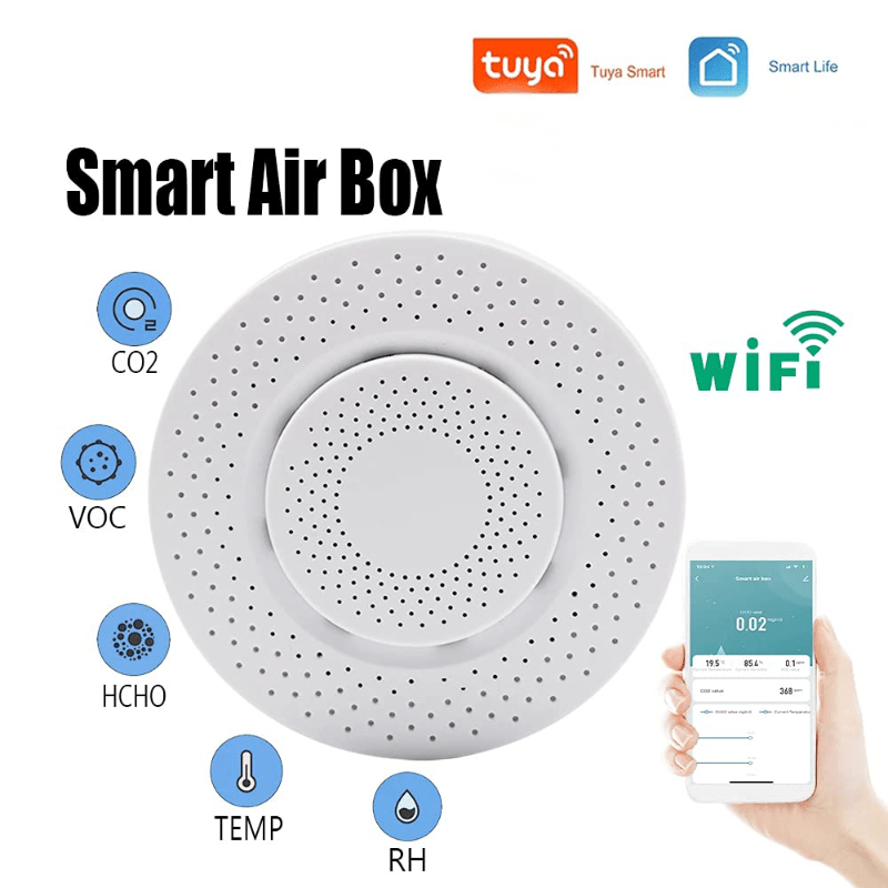 1pc 5 In 1 Tuya 2 4G Wifi Smart Air Box With Temperature Humidity Formaldehyde VOC CO2 Real Time Detection Mobile APP Remote Alarm Notification Push Linkage To Other Smart Home Devices