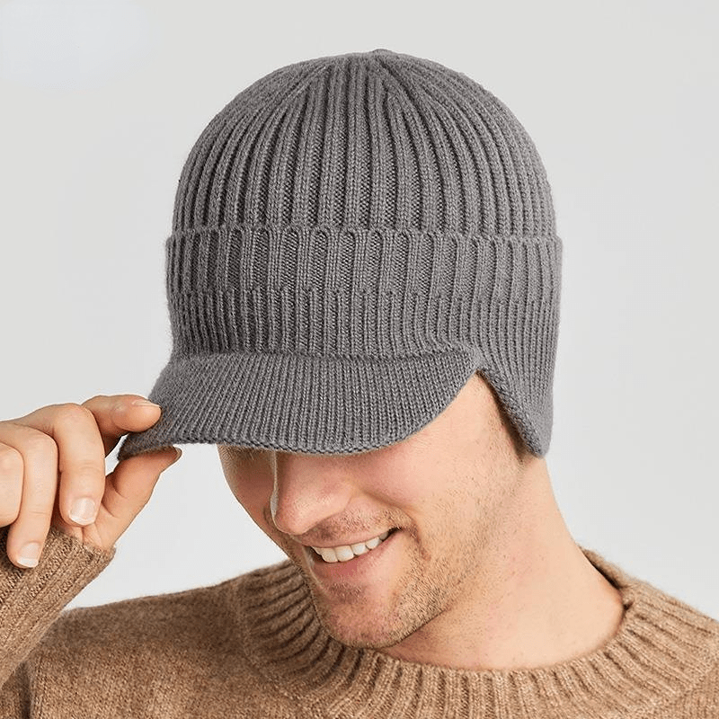 Mens Winter Visor Hat Beanie Hat With Earflaps Knitted Baseball With Short  Brim Ski Hat Warm Fleece Lining Hat - Jewelry & Accessories - Temu