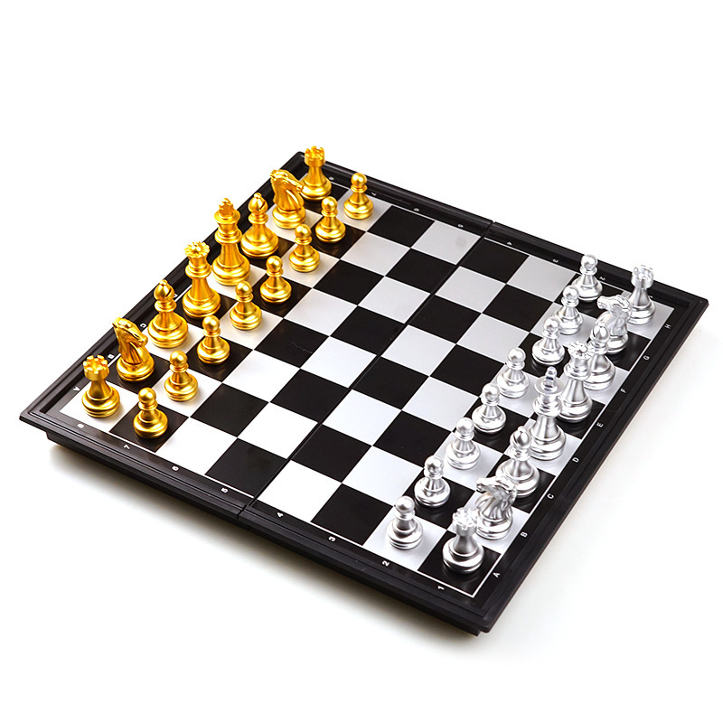 Plastic Folding 20” Chess Board And Black And White Medieval Chess