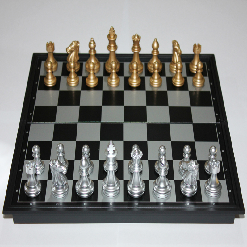 Plastic Folding 20” Chess Board And Black And White Medieval Chess Pieces