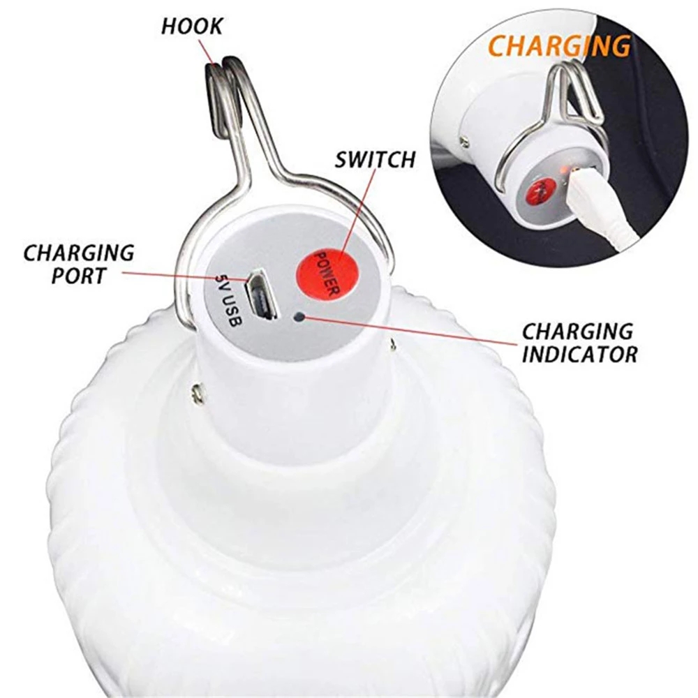 S SUNSBELL Bombillas LED, bombilla LED de emergencia, 7 W, E27, carga USB,  impermeable, recargable, lámpara colgante, lámpara de tienda de campaña