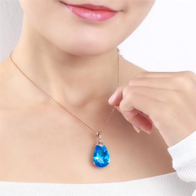 Teardrop Cut Aqua Blue Stone Birthstone Pendant Necklace Bridal Wedding Chain Womens Jewelry