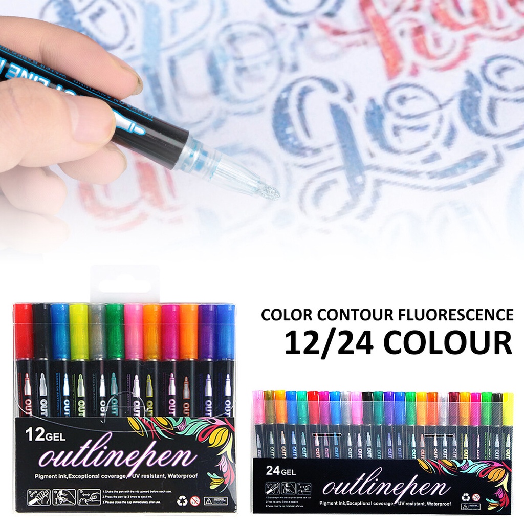 12/24 Colors Double Line Outline Art Pen Marker Pen Diy Graffiti
