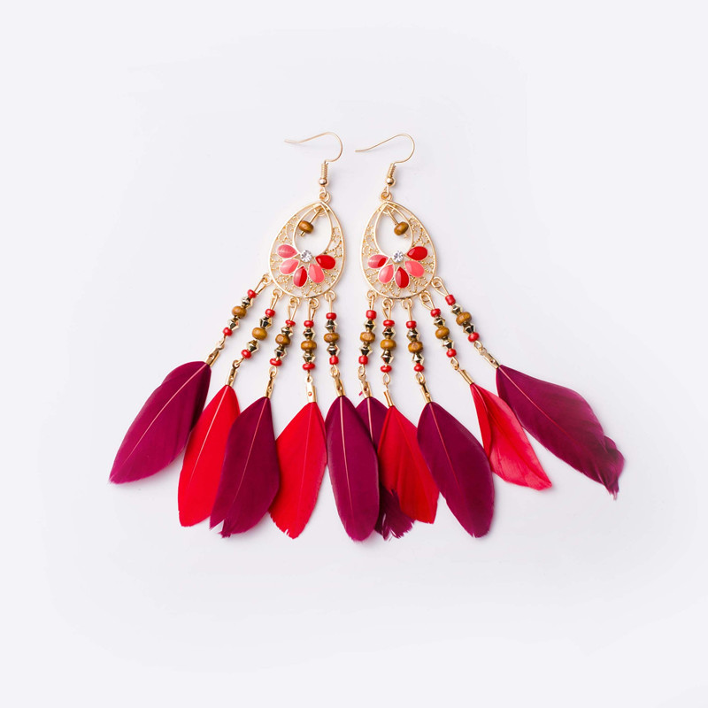 Bohemian Long Feather Drop Earrings With Rice Beads Vintage Ear ...