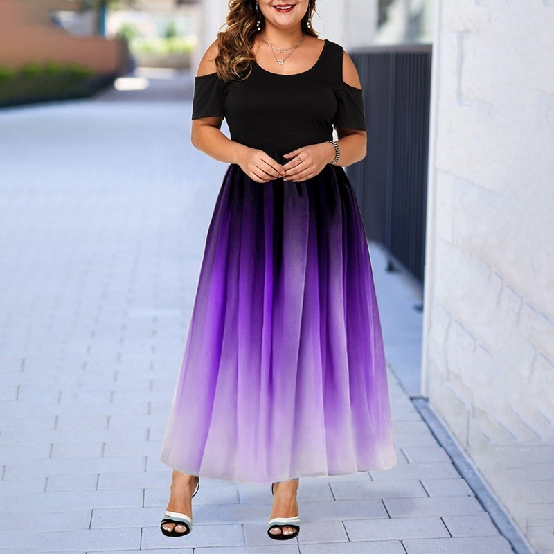 Plus Size Ombre Midi Print Cold Shoulder Strapless Sleeve Long Dress 