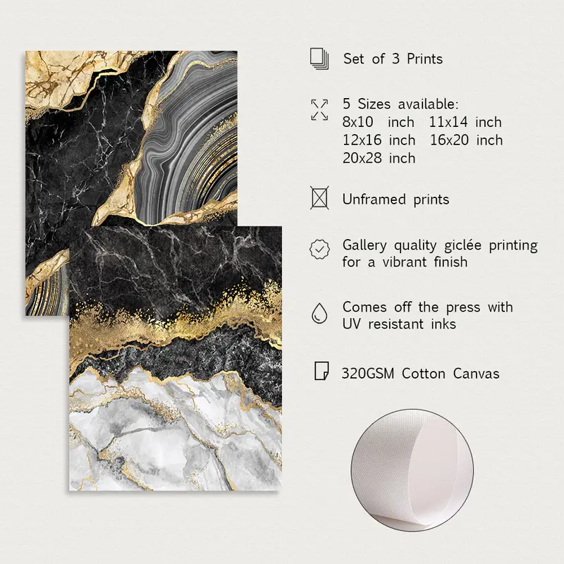 3pcs Modern Abstract Black Golden Art Painting Marble Texture Wall Art Canvas Home Decor No Frame