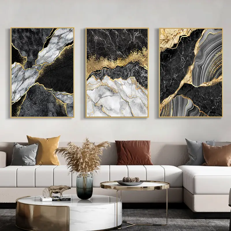 3pcs Modern Abstract Black Golden Art Painting Marble Texture Wall Art Canvas Home Decor No Frame