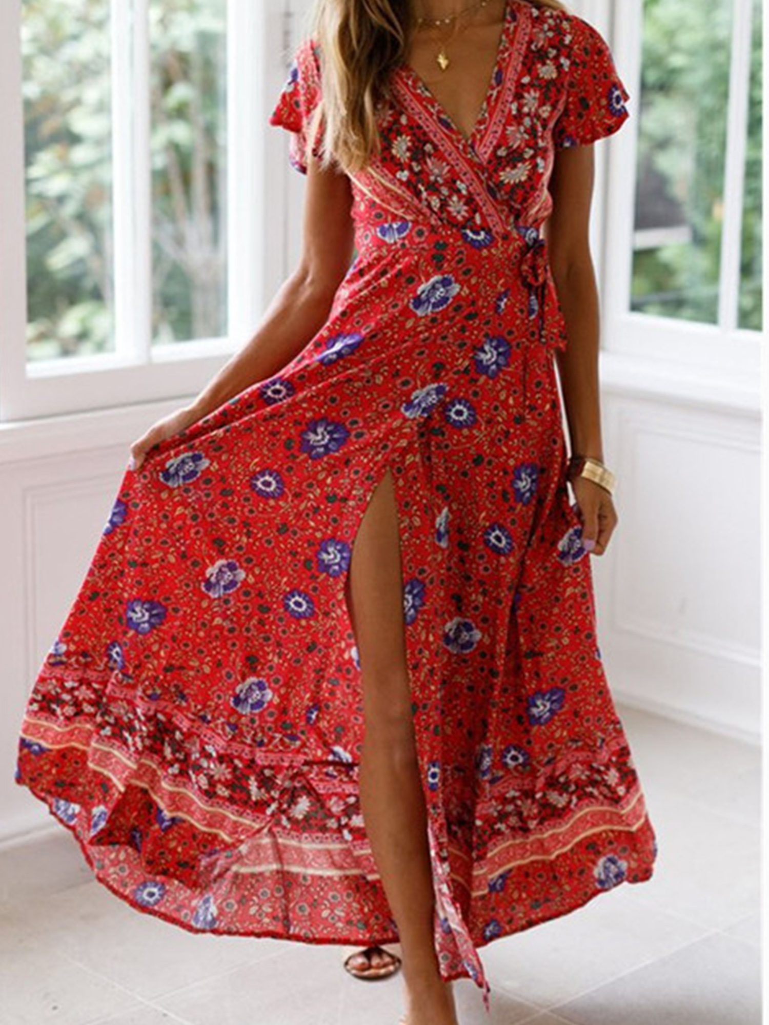 Floral Print Bohemian Maxi Dress, V Neck Short Sleeve Dress For Spring ...