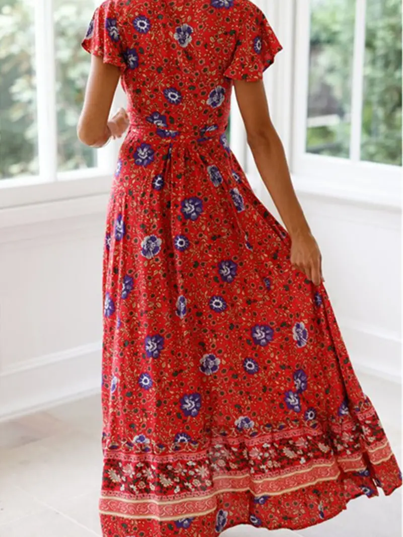 Floral Print Bohemian Maxi Dress, V Neck Short Sleeve Dress For Spring ...