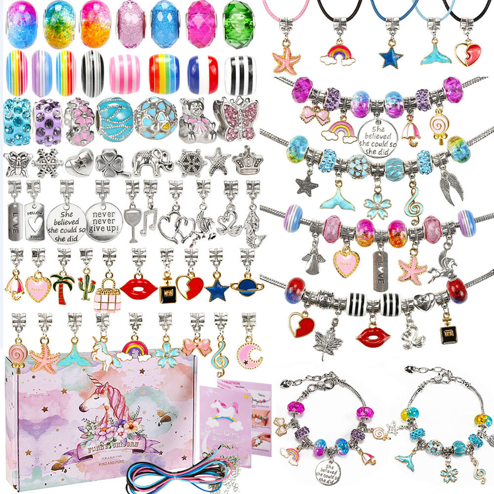 New 64Pcs/Set Child DIY Bracelets Charm Jewelry Gift Box Xmas Present  Pandora Alloy Beads Fits Jewellery Making Kit Accessories