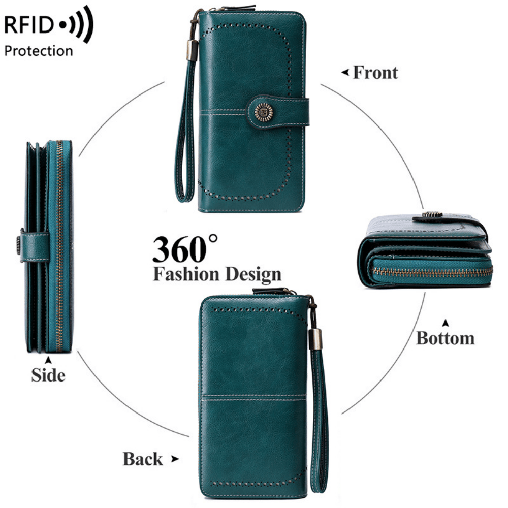 Small Wallets for Women RFID Blocking Leather Zipper Coin Pocket Wallet  Card Case with ID Window (Peacock Blue)