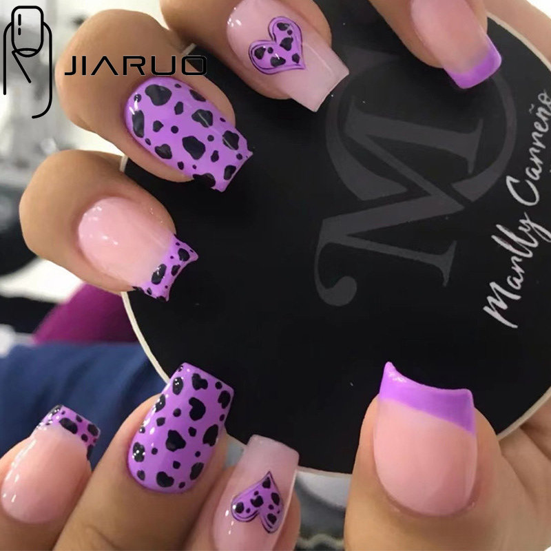 Short Square False Nail Purple Leopard print Press on Nails for Nail Art  24pcs