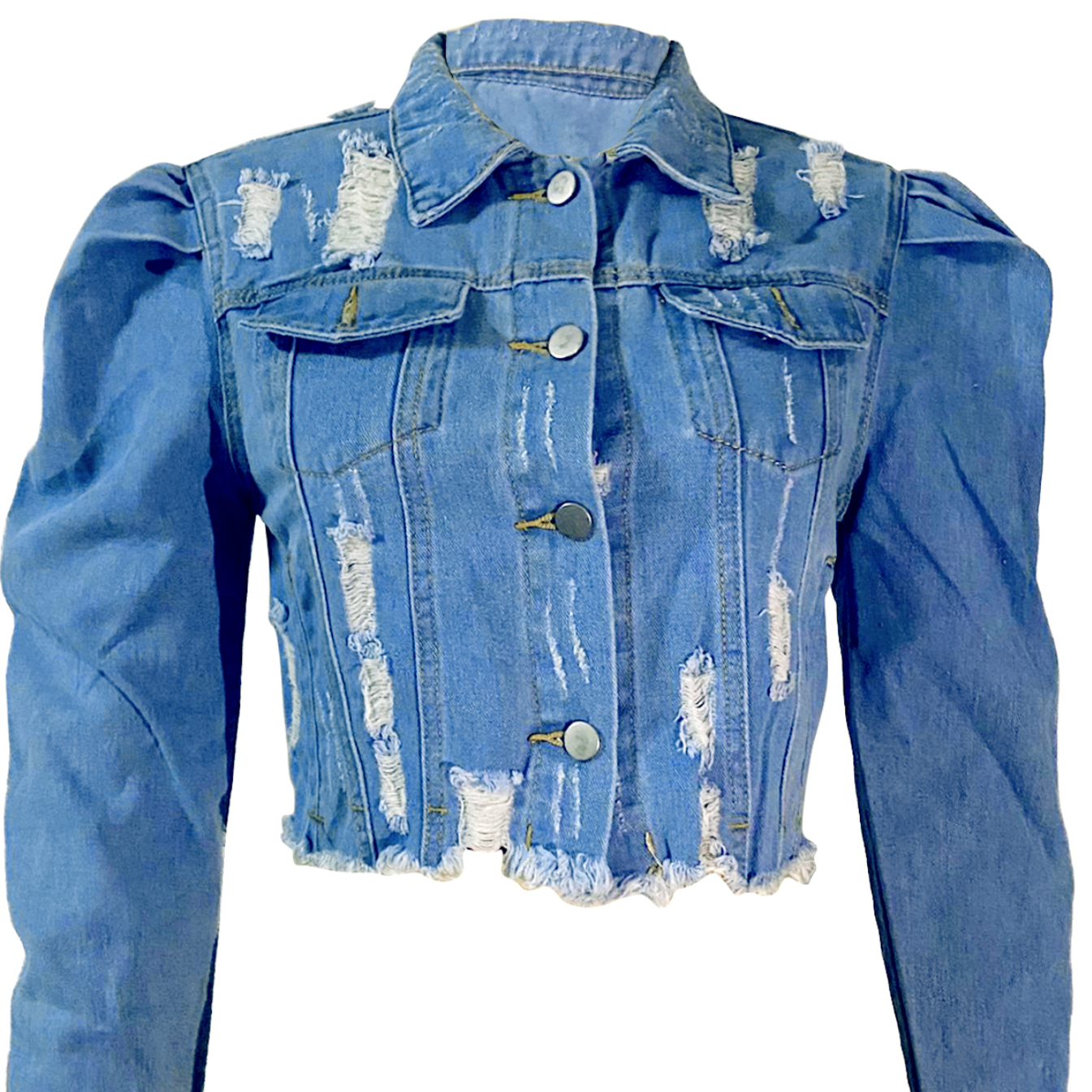 PEIQI Women’s Cropped Jean Denim Jacket Button Down Long Sleeve with Pockets