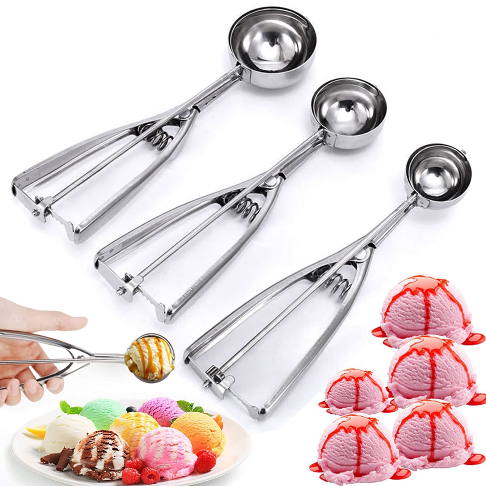 Stainless Steel Ice Cream Scoops - Set of 3 - Trigger Mechanism