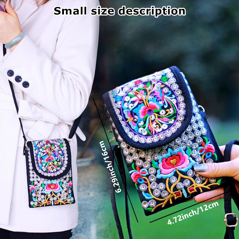 Embroidery Canvas Shoulder Bag Women Vintage Boho Mini Crossbody Bag Handbag Cell Phone Pouch