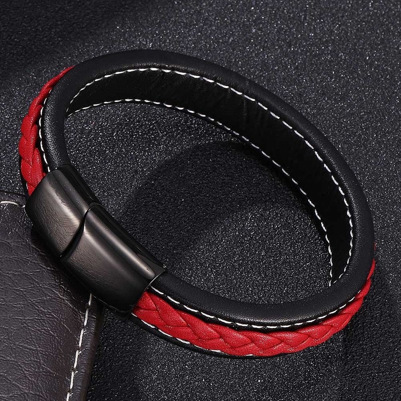 

Funky Black & Red Pu Leather Braided Bracelet, Stainless Steel Buckle Bracelet For Men