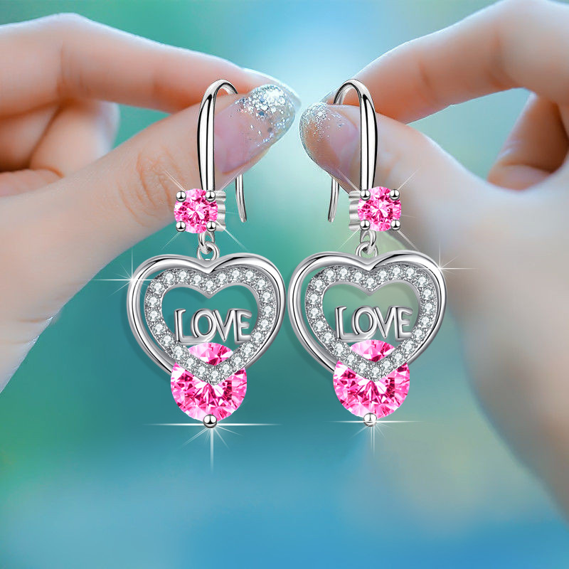Image of 1 Pair Love Heart Drop Dangle Hook Earrings White Pink Purple Stone Love Letter Earrings Heart Shaped Jewelry