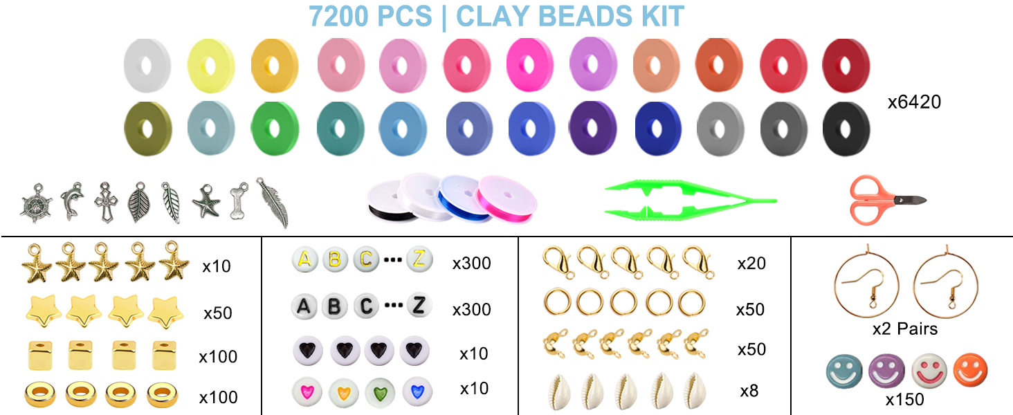 7200 Clay Beads Bracelet Making Kit,24 Colors Spacer Flat Beads for Jewelry  Gift