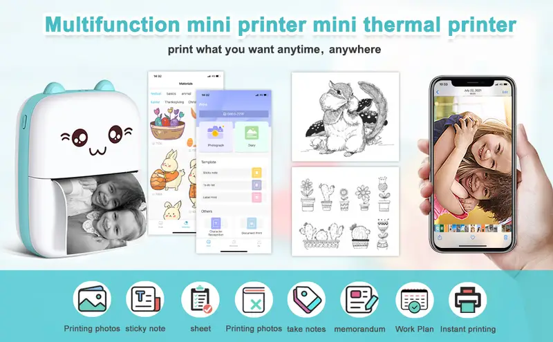 mini printer portable pocket thermal printer with 7 rolls paper bt wireless smart printer for photo picture office receipt label note qr code inkless printing compatible with ios android app blue details 0