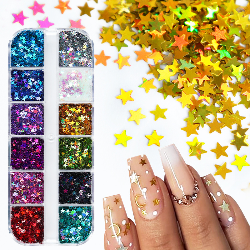 12 Grids Holographic Gold Silver Four-Pointed Stars Nail Glitter