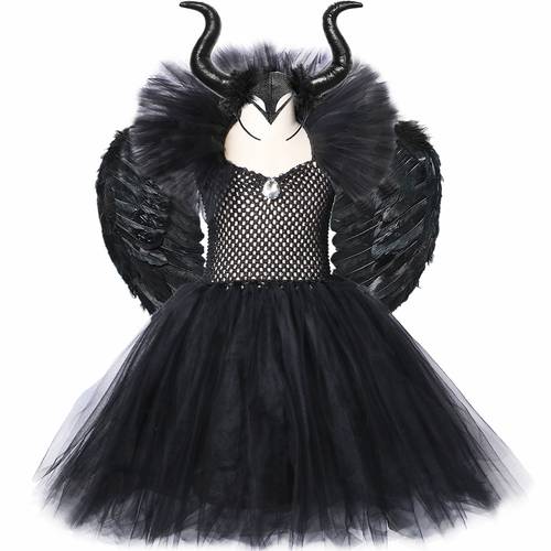 Black Girls Malefice Tutu Dress Halloween Costume For Kids, Evil Dark Queen Witch Cosplay Clothes Children Fancy Tulle Dress 1-12
