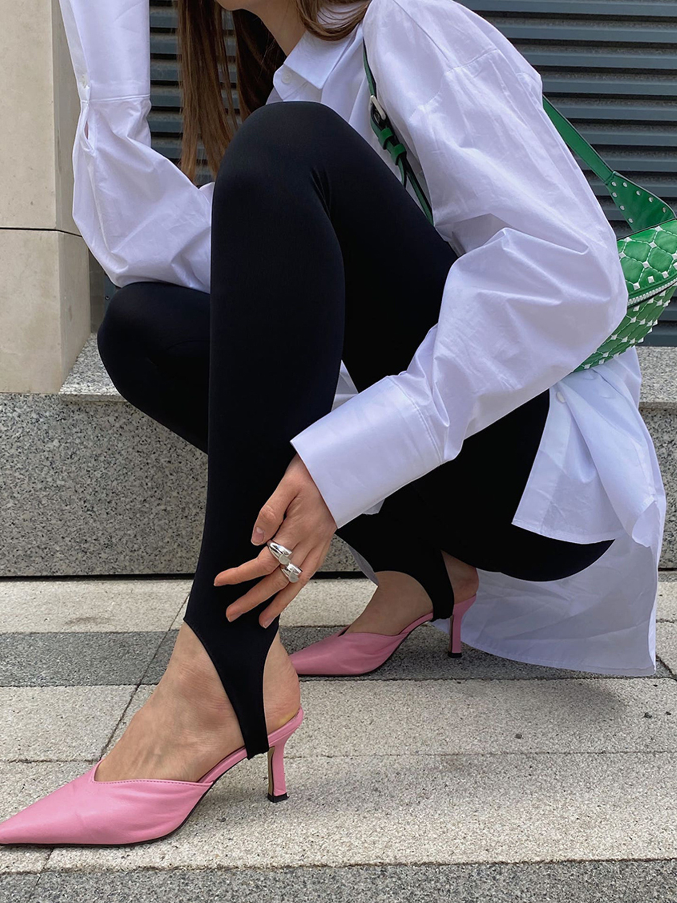 Style by Lyly - Fashion Blogger on Instagram: Stirrup leggings two ways.  In the first look I paired the stirrup leggings with low slingback heels, a  sweater and blazer. In the second