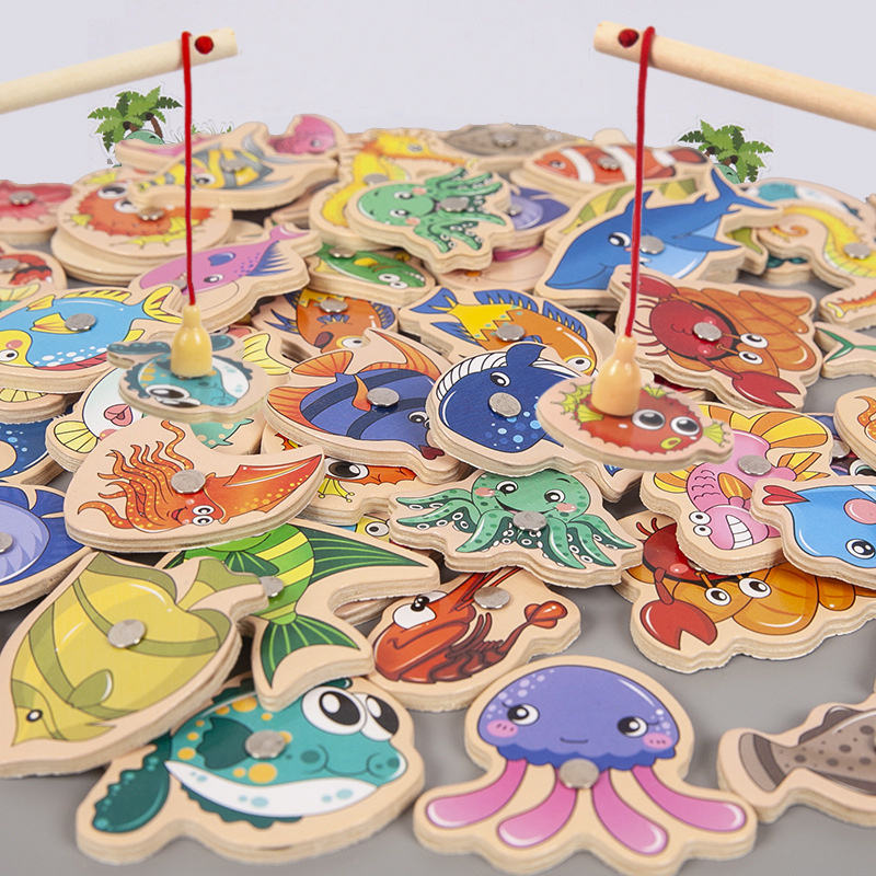 

Montessori Wooden Magnetic Fishing Toys For Baby, Cartoon Marine Life Cognition Fish Games Education Parent-child Interactive Toy Christmas Halloween Gifts