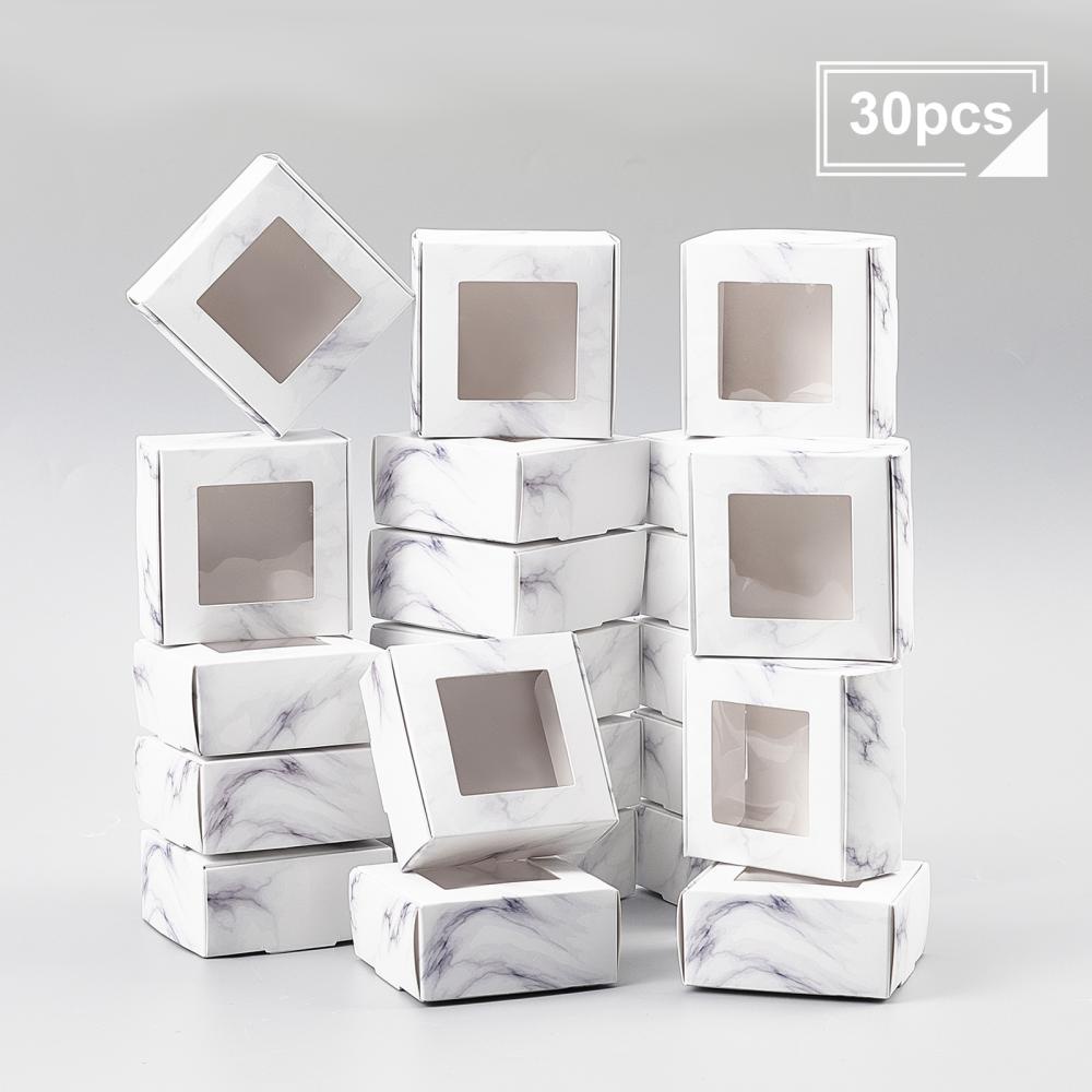 30pcs Foldable Kraft Paper Wedding Favor Boxes with Clear Plastic Window -  Square Light Grey 6.5x6.5x3cm - Perfect for Gifting and Decorating