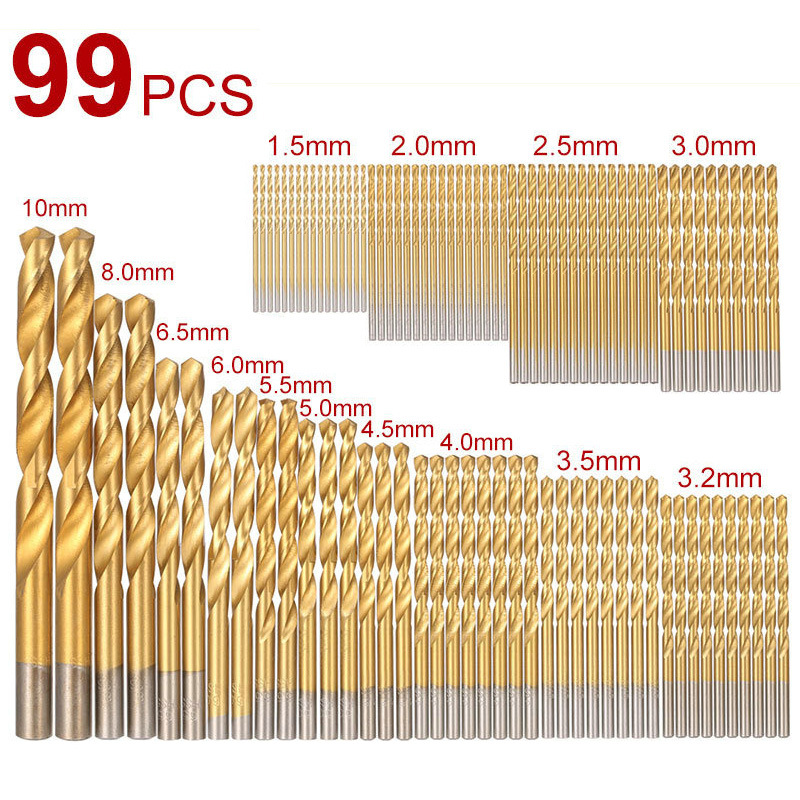 

50/99pcs Straight Handle Fried Dough Twist Drill High Speed Steel Titanium Plated Set Hole Drill Set 1.5mm-10mm Wood Fried Dough Twist Drill