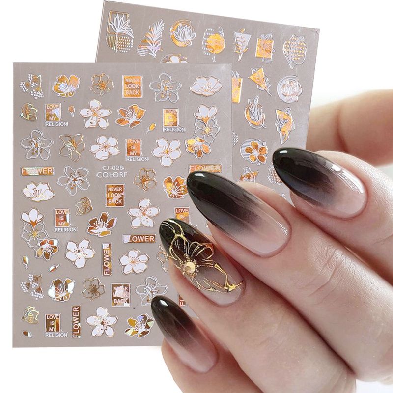 1 PCS 3D Golden White Birds Flower Nail Stickers Fashion Abstract Design Adhesive Sliders Textured Engraved Decoration Nail Art