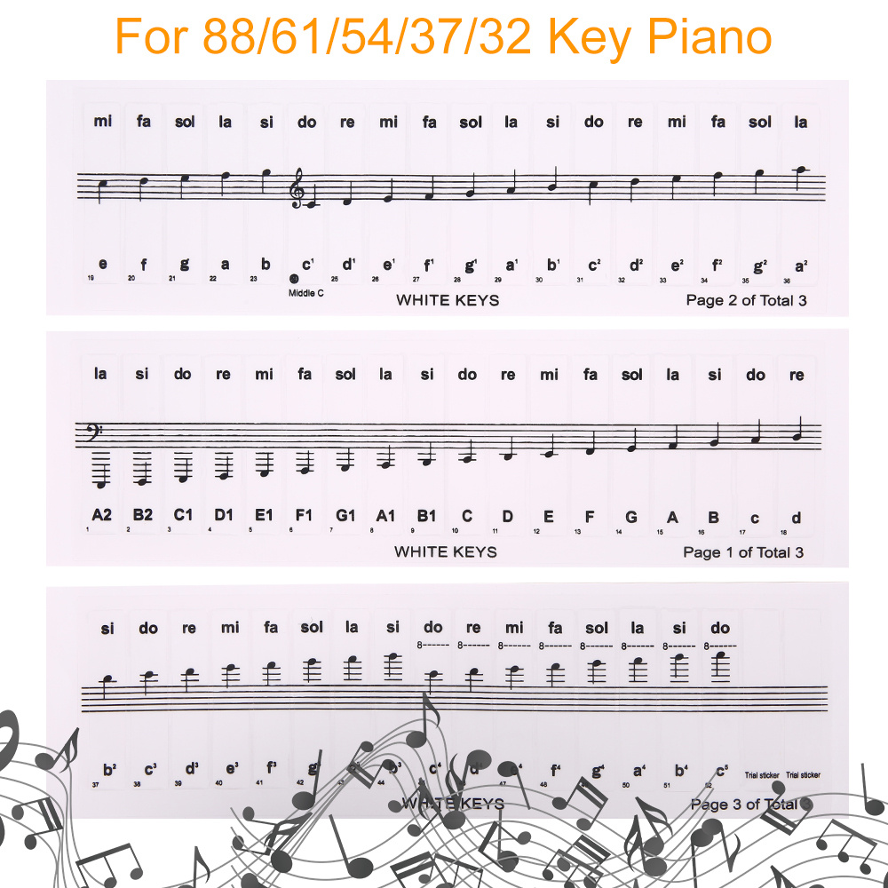 54/61/88 Touches Autocollants de piano Clavier de piano transparent Pvc Autocollant  Piano Stave