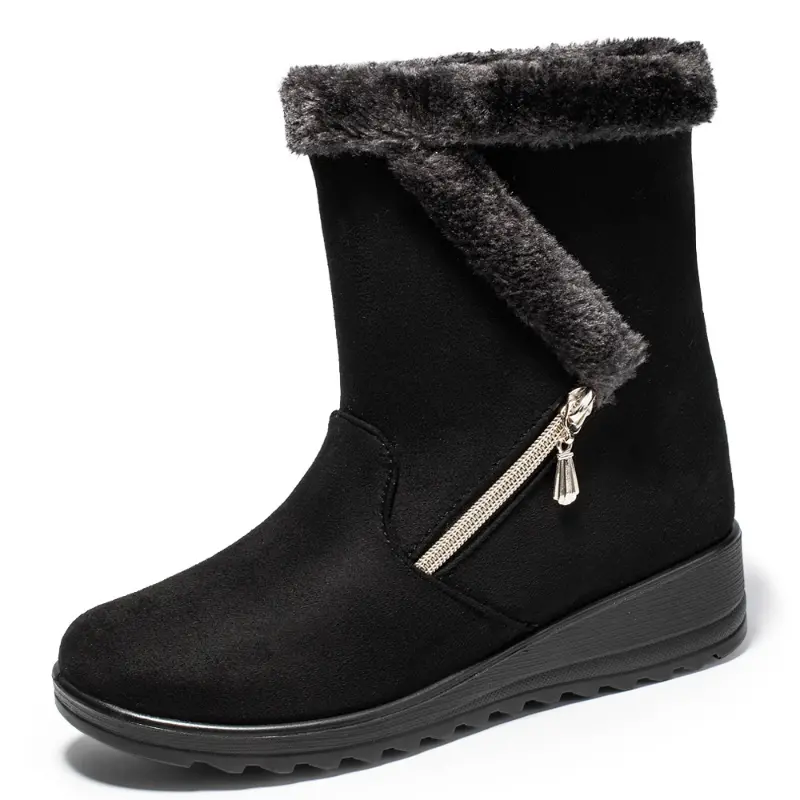 Solid Round Toe Short Boots, Women's Winter Thermal Mid Calf Snow Warm Faux Fur Lined Slip on Fashion Short Footwear,Temu
