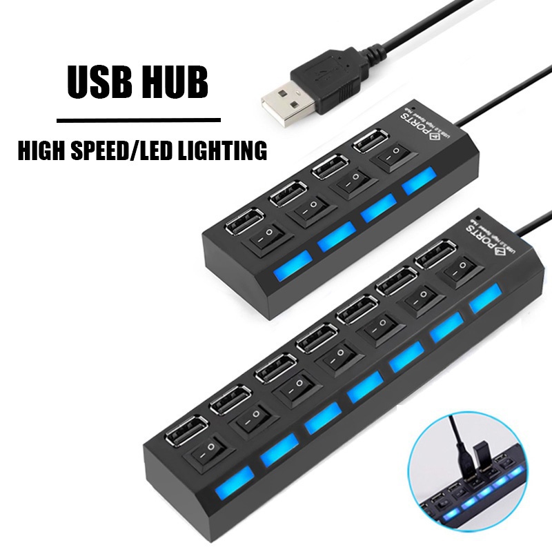 

High Speed 7 Ports/ 4 Port Led Usb 2.0 Adapter Hub Multi-port Socket Powered On/off Switch Charger Splitter For Pc Laptop Computer U Disk Phone Tablet