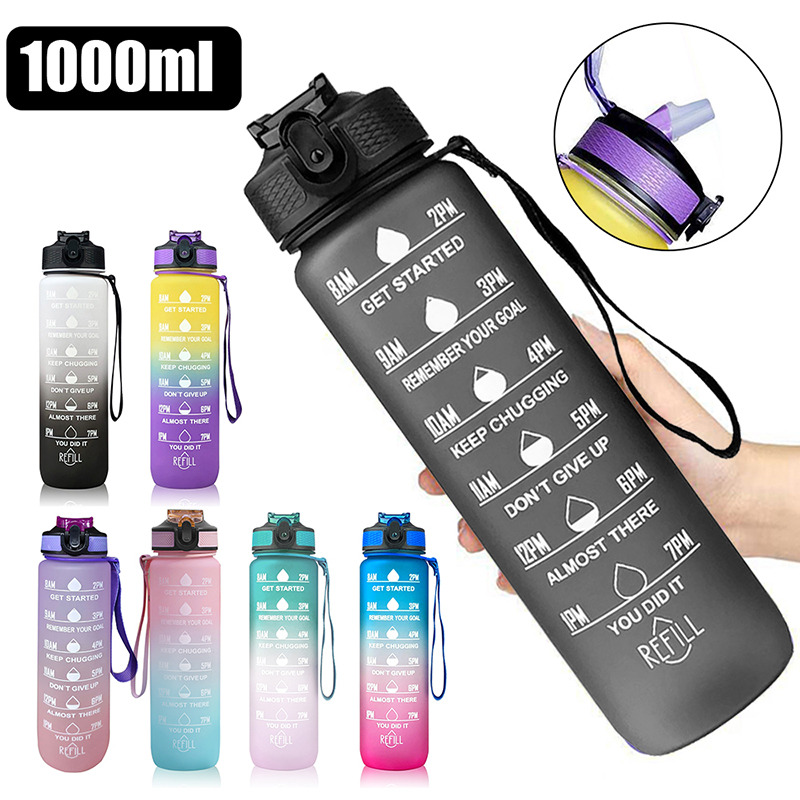

1pc 1 Liter Water Bottle With Time Scale, Fitness Outdoor Sports Water Bottles With Straw, Frosted Leakproof Motivational Sport Cups